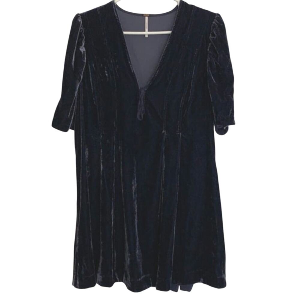 Free People Adelle Velvet‎ Dress Indigo Lost Blue Shory Sleeve Size Medium - Picture 2 of 7